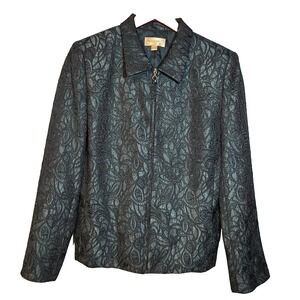 Trousers Etc NY Zip Front Textured Black Blue Sheen Blazer Slit Pockets Size 8